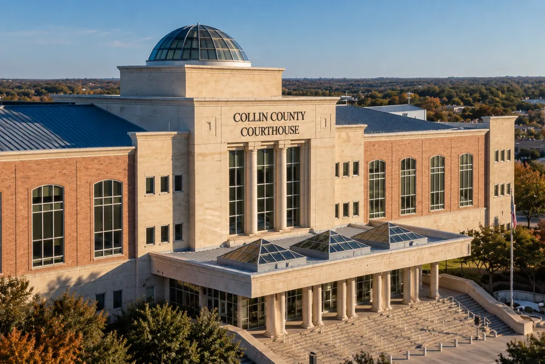 The Collin County courthouse, a tan stone and brick building with a domed roof and a covered entrance, seen from above.