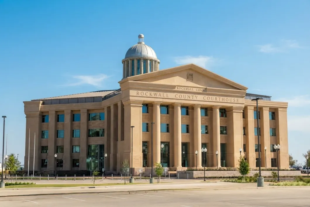 The Rockwall County courthouse, a tan columned building with a shallow dome on a wide, empty street.