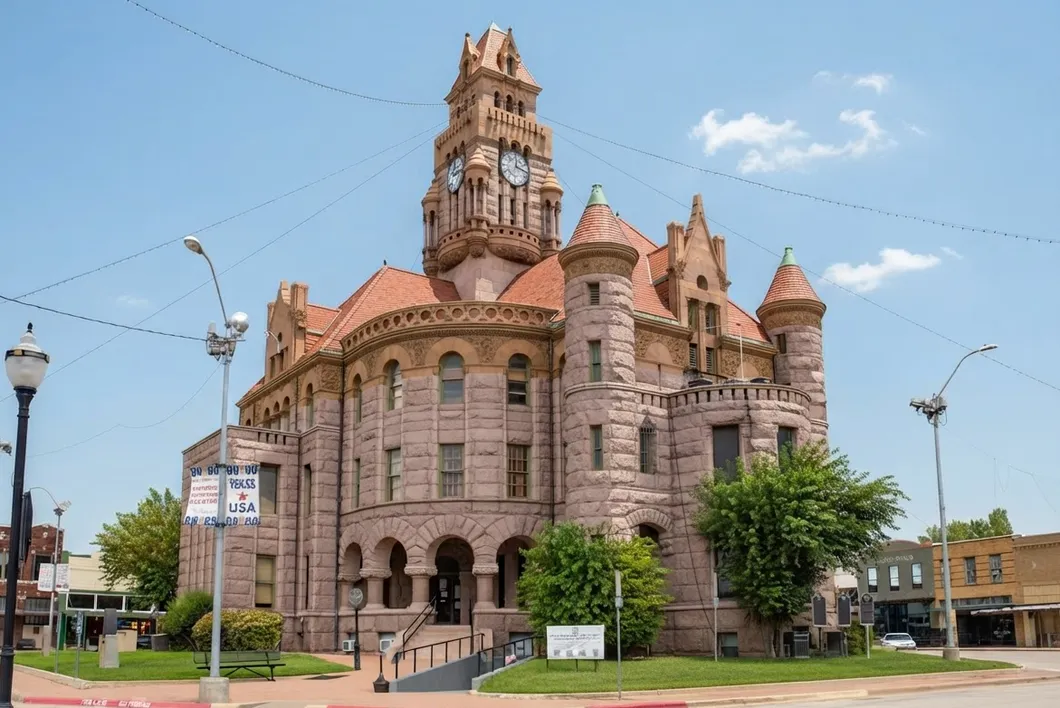 The Wise County courthouse, a rose-colored stone building with a tall clock tower and round turrets on a street corner.