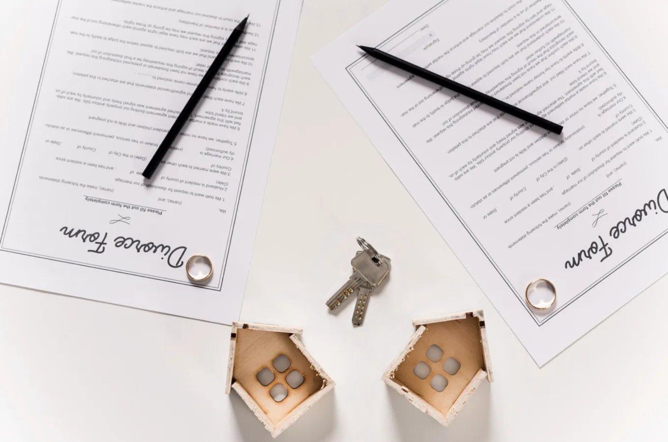 Two printed forms with pencils and wedding rings, beside a key and two small wooden house models on a white surface